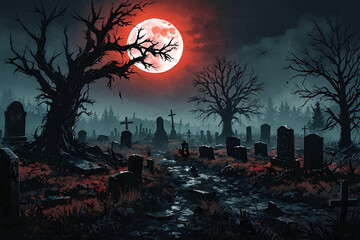 Illustration of a Cemetry With a Red Moon In The Sky, AI Generative