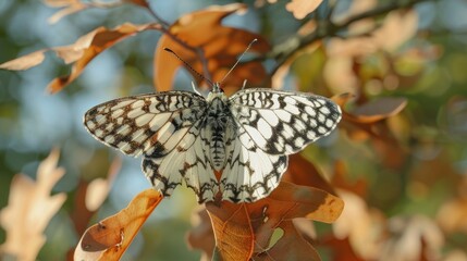 Iberian marbled white Butterfly Melanargia lachesis resting on Oak Leaf during the summer