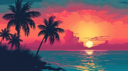 Beach sunset flat design side view seaside tranquility theme water color Triadic Color Scheme