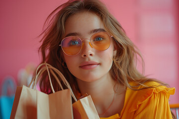 A joyful young woman in sunglasses sits in a shopping cart, holding paper bags against a pink background, conveying shopping happiness