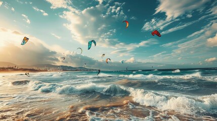 Group of people doing kitesurfing and windsurfing on sea