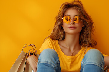A vibrant young woman in sunglasses sits in a shopping cart, holding paper bags against a yellow background, exuding shopping joy