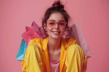 A joyful young woman in sunglasses sits in a shopping cart, holding paper bags against a pink background, conveying shopping happiness
