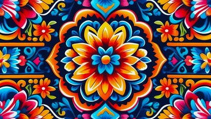 colorful mandala with floral motif against dark background. concepts: Mexican ornament, cultural events, festivals and celebrations, peace, harmony, spiritual balance, backgrounds for websites