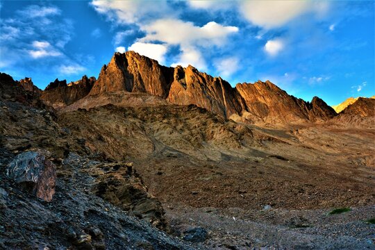 Impressive rock formations of the Markha valley at dusk (Leh district, Ladakh, India)