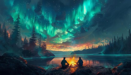 A couple cooking together over a campfire, with the aurora borealis illuminating the sky above them