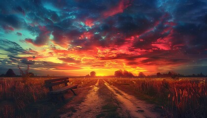 A crossroads at sunset, the sky painted with vivid colors, and an old wooden bench facing the intersecting paths