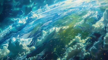 dreamy watercolorstyle painting of a habitable exoplanet from orbit, showing lush green continents and deep blue oceans beneath swirling clouds