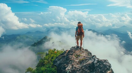 The backpacker embraces the challenges of the climb, rewarded by the breathtaking panoramic view at the summit.