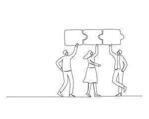 Continuous single one line drawing three  businessman, each other carrying the puzzle pieces. Teamwork of employee putting the puzzle together.  Design vector illustration
