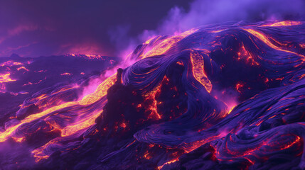 Fototapeta premium A glowing fluorescent lava flow in a volcanic landscape, vibrant, hd, with copy space