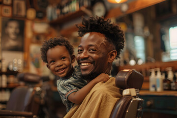 Father and son enjoying a visit to the barbershop, sharing smiles and creating memories. Suitable for family-related promotions, barber services marketing, and generational bonding campaigns.