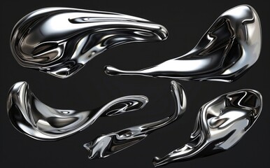 set of liquid chrome abstract shapes isolated on black background, 3d rendering illustration, abstract fluid shape in silver metal