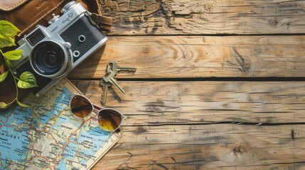 A camera, sunglasses, keys, and a map lay on a hardwood table, showcasing a beautiful wood grain...