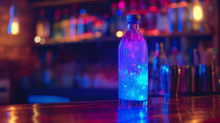 A glowing fluorescent cocktail shaker at a bar, vibrant, hd, with copy space