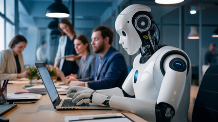 robot working in the office close up.  team working on laptop in the office. artificial intelligence. AI generated