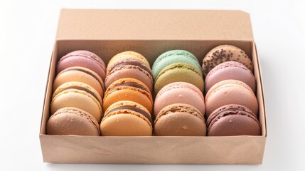 Pastel-colored macarons packed in a recycled cardboard gift box, close-up on the cute assortment against a white background, studio lighting