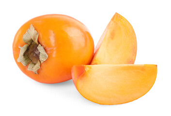 Whole and cut persimmon fruits isolated on white, top view