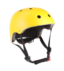 Fototapeta premium Yellow protective helmet isolated on white. Sports equipment