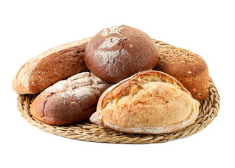 Wicker basket with different types of fresh bread isolated on white