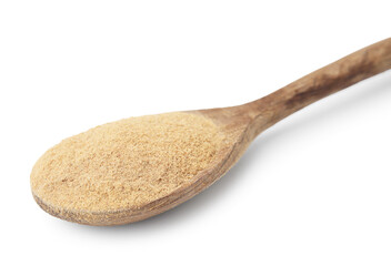 Dietary fiber. Psyllium husk powder in spoon isolated on white