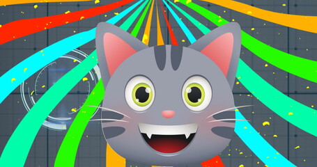 A cartoon cat with wide eyes and big smile is surrounded by colorful streaks