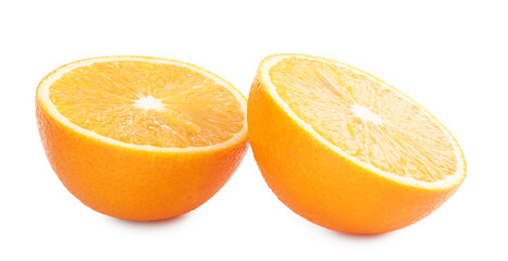 Halves of fresh ripe orange isolated on white