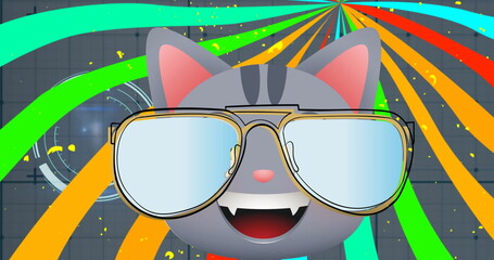 A cartoon cat wearing large sunglasses is grinning