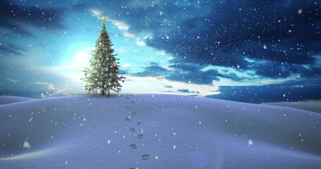 Footprints lead to decorated Christmas tree on a snowy hill under a starry sky