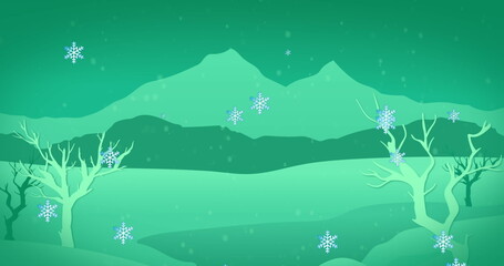 Snowflakes gently falling over serene winter landscape