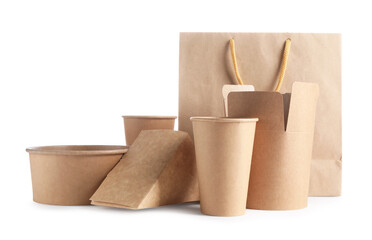 Eco friendly packaging. Disposable food containers and paper bag isolated on white