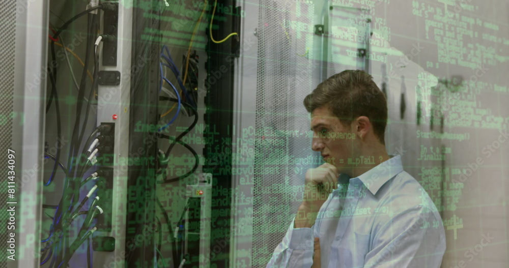 Aufkleber data processing over portrait of caucasian male engineer smiling at computer server room