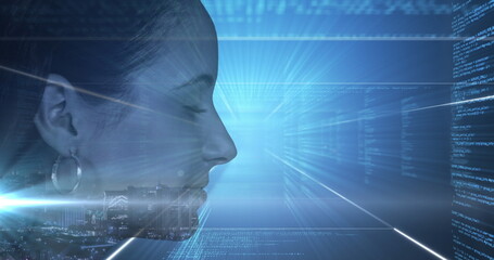 Caucasian colleague wearing silver earrings, examining digital data