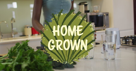 Image of home grown text and leaves over happy african american woman cooking