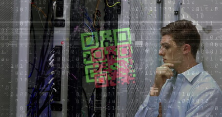 Image of qr code over data processing and caucasian man checking servers