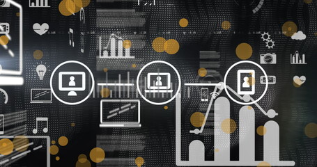Image of graphs and diverse data processing on navy black screen
