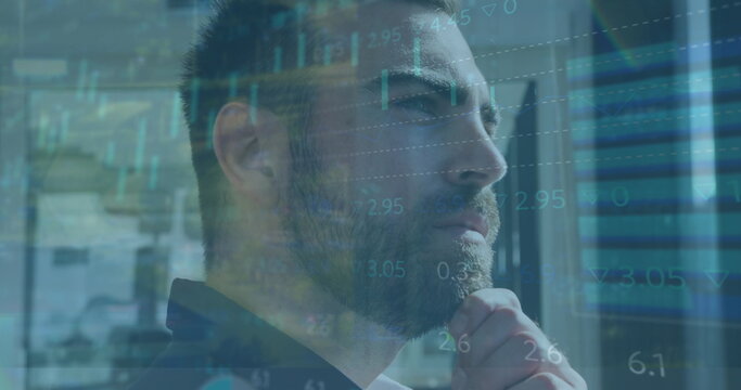 Image of data processing over businesswoman using phone headset