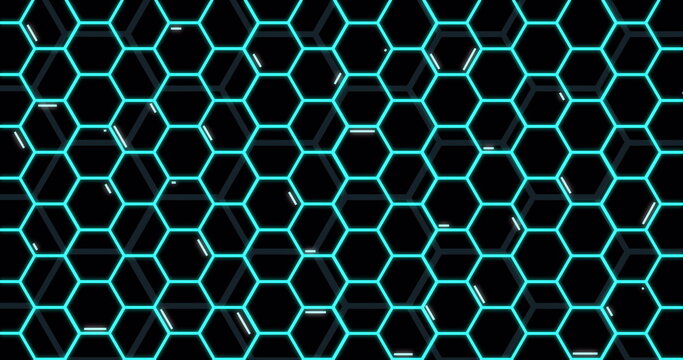 Hexagonal patterns in blue and black background dominating