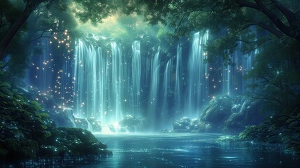 Fantasy Waterfall Pond Forest Digital Art Wallpaper, Radiant Contemporary Abstract Artwork Background, Vibrant Backdrop Concept, Web Graphic Design Banner