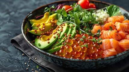 buddha bowl with avocado salmon caviar eggs tomto salad