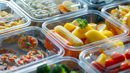 different type of foods in plastic and glass boxes in the fridge as a weekly healthy meal prep waiting for the lunch