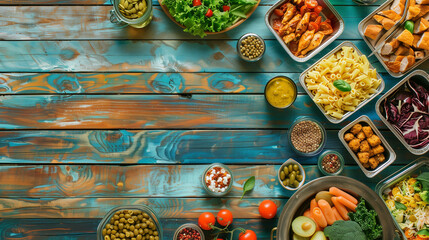 Background picture of a bright colored wooden table with lots of school food and sallad and vegetarian food, chicken with pasta and sauce, meat and potatoes in glass metal and plastic containers