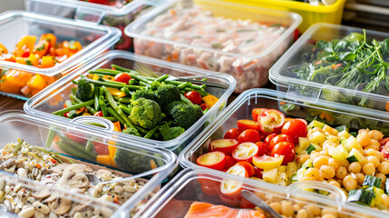 different type of foods in plastic and glass boxes in the fridge as a weekly healthy meal prep...