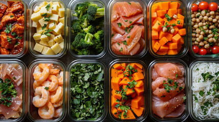 nutrition and high protein food for gaining muscle mass, meals in plastic containers raw ingredients and half prepped food for the  week