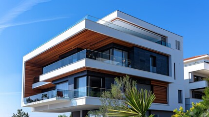 Fototapeta premium Modern multi-story house captured on a clear day, the sun highlighting its intricate design against a bright blue sky