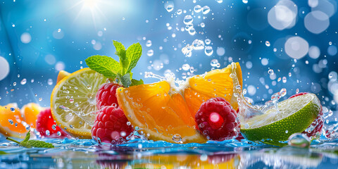 fruit and water splashes, background with bokeh lights, orange slices, lime leaves, mint leaves, red raspberries, generative AI