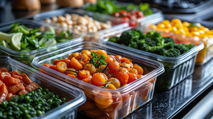 nutrition and high protein food for gaining muscle mass, meals in plastic containers raw ingredients and half prepped food for the  week