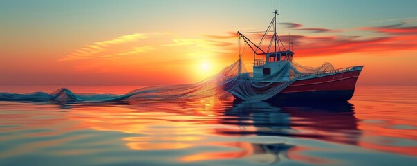 stylized graphic of a modern, sustainable fishing boat using ecofriendly nets to protect marine life, set against a sunset background