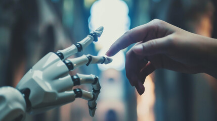 Photo of a human hand reaching out to touch a digital robot finger, symbolizing the integration and collaboration between humans and artificial intelligence technology