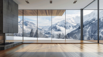 room with window with view of snowy mountains 
